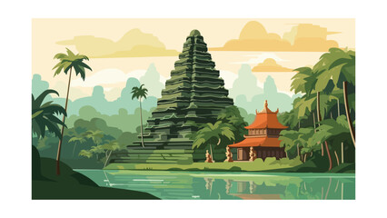 Ancient Javanese Temple Amidst Tropical Palms in an Indonesia Vector Scene