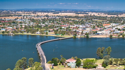 The road bridge snaking across Lake Mulwala towards the town of Yarrawonga beyond