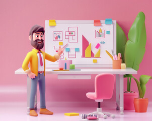 illustration of an employee presenting marketing strategy on the office whiteboard neatly arranged happily in the middle of the office.