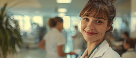 portrait of calm female nurse smiling looking forward wearing hospital uniform staff working against background of busy hospital room background