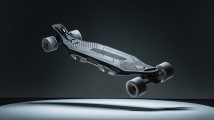 futuristic sleek black longboard on black background, professional commercial product photography in studio