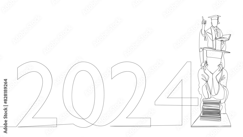 Aufkleber one continuous line of 2024 graduation. thin line illustration vector concept. contour drawing creat