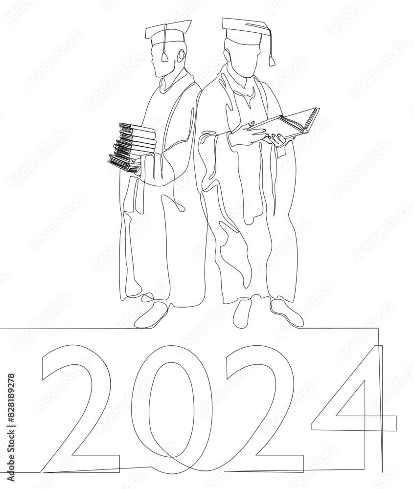 Poster one continuous line of 2024 graduation. thin line illustration vector concept. contour drawing creat