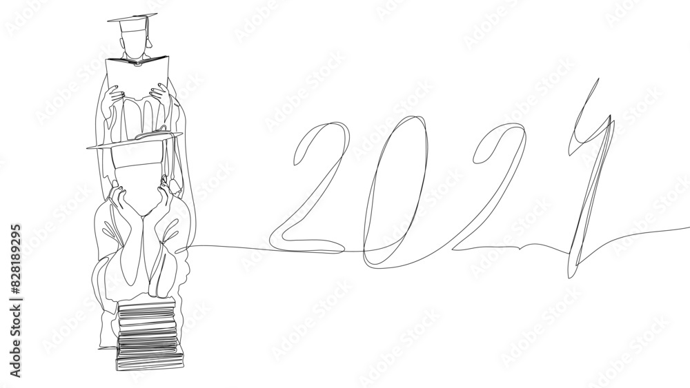 Poster one continuous line of 2024 graduation. thin line illustration vector concept. contour drawing creat