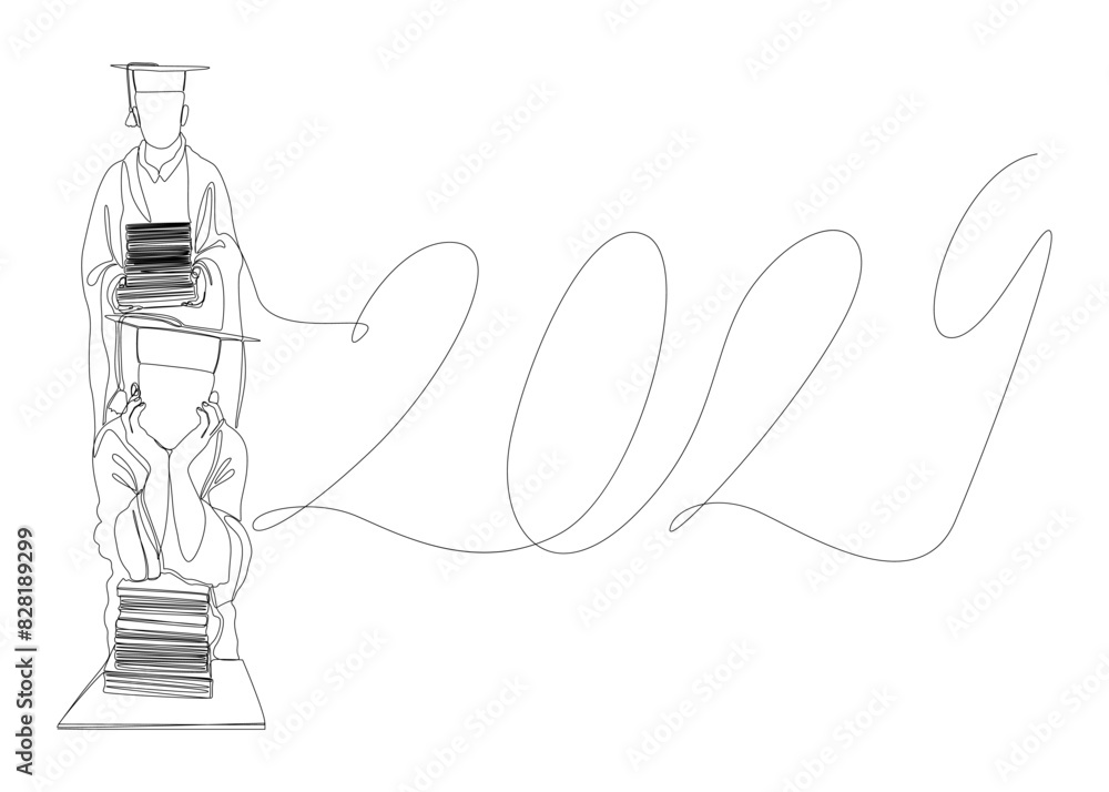Poster one continuous line of 2024 graduation. thin line illustration vector concept. contour drawing creat