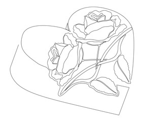 One continuous line of Heart with rose flowers. Thin Line Illustration Love vector concept. Contour Drawing Creative ideas.
