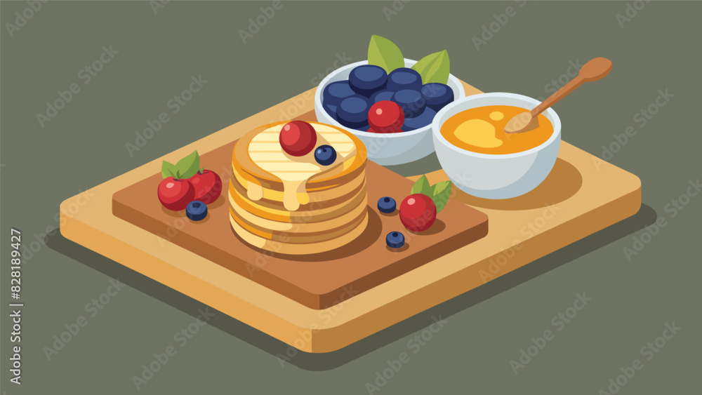 Poster a tempting display of tiny pancakes mixed berries and a bowl of honey drizzled greek yogurt on a rus