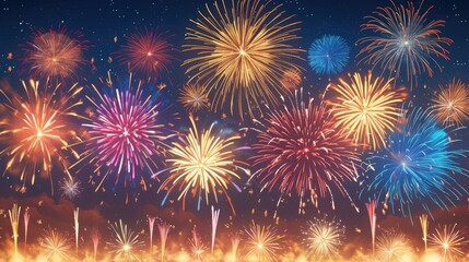 Vibrant fireworks burst across the sky like scenes from a colorful cartoon