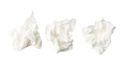 Top view set of screwed or crumpled tissue paper ball after use in toilet or restroom isolated on white background with clipping path