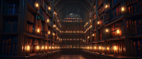 Obraz premium A library with books arranged in neat rows on shelves. The soft, ethereal light creates a surreal atmosphere. and lively and wonderful