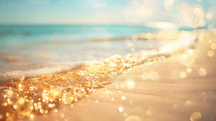 Golden beach hues and delicate bokeh under a serene pastel sky.