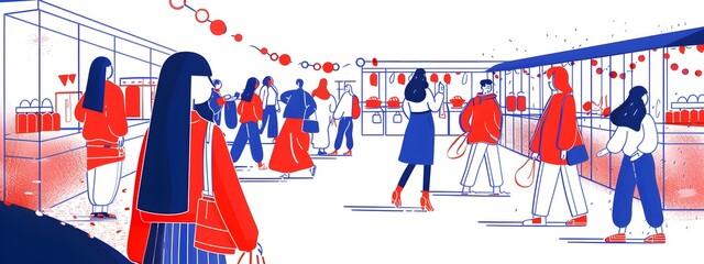Vibrant Marketplace Scene with Bustling Shoppers and Vendors in an Urban Setting