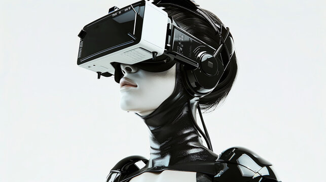 robotic woman wearing a VR headset, editorial fashion style, on white background