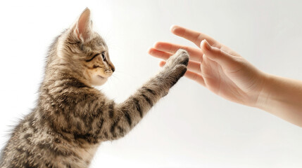 cat's paw high-five with human hand isolated on white background