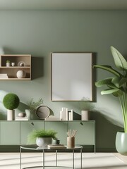 The minimalist living room interior with  green cabinet for TV and décor accessories with green colour wall