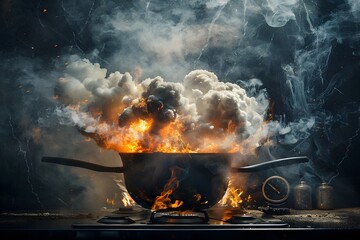 A giant pot on a stovetop, with the Earth as the boiling liquid, spewing steam and smoke, with flames licking at the sides and a thermometer reading dangerously high