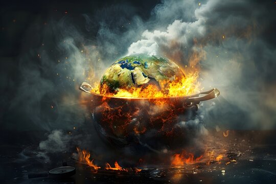 A giant pot on a stovetop, with the Earth as the boiling liquid, spewing steam and smoke, with flames licking at the sides and a thermometer reading dangerously high - Powered by Adobe