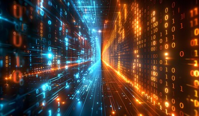 Fototapeta premium Abstract digital background with glowing light rays and binary code in blue, orange and black colors. Big data technology concept