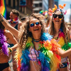 85. Pride parade with participants in colorful feather boas and glitter, joyful and energetic