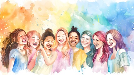 Diverse group of women smiling and laughing together, set against an abstract rainbow background
