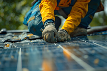 A man in a yellow jacket is working on a solar panel. He is wearing gloves and he is focused on his task