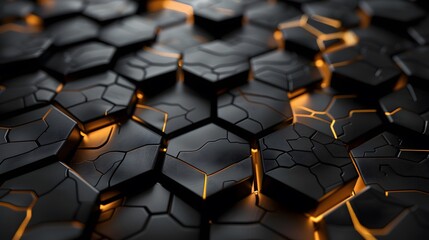 Fototapeta premium Luxury hexagonal abstract black metal background with golden light lines. Dark 3d geometric texture illustration. 