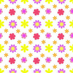 Bright pattern of colorful flowers on white background, as background or texture. Spring, summer floral wallpaper for your design. Flat top view