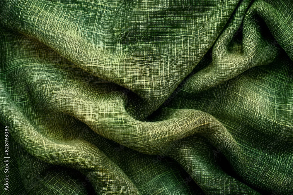 Poster close-up of a verdant-colored fabric showcasing an intersecting square and triangle graphic pattern.