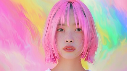 young asian woman Pink hair against a rainbow background Rendered in a photorealistic style...
