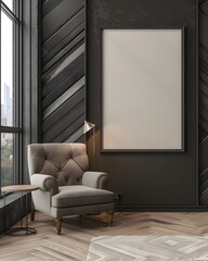 An empty rectangle frame mockup was placed in the corner of a dark grey wood panelled wall with a black chevron pattern and light wooden floor