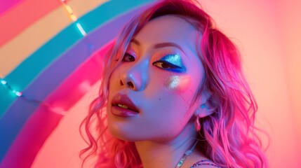 Obraz premium Picture of an Asian woman famous drag queen with her signature pink hair and lively makeup. She stands in front of an abstract rainbow background, with soft lighting emphasizing her features. You