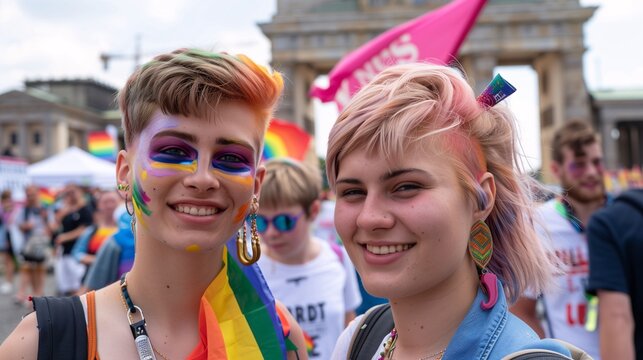 A photo of two people at the epicenter, showcasing their pride and support for Black Coity in Berlin during gay parade, with colorful flags waving in the background. The one on left has short hair