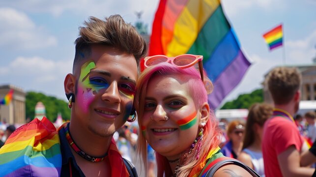 A photo of two people at the epicenter, showcasing their pride and support for Black Coity in Berlin during gay parade, with colorful flags waving in the background. The one on left has short hair