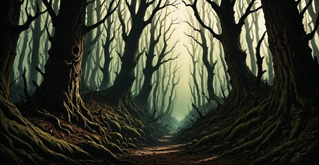 dark forest with dead trees at night under scary sky and moon. horror woods in fog. background wallpaper banner.