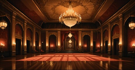 Fototapeta premium Palace Ballroom Theatre Hall. Abandoned amphitheater auditorium room. Royal dance hall in noble mansion interior.