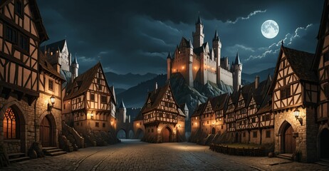 Obraz premium medieval gothic castle palace in city town at night under clouds and moon. fantasy old ancient cityscape. 