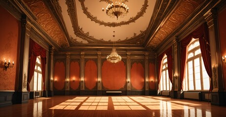 Palace Ballroom Theatre Hall. Abandoned amphitheater auditorium room. Royal dance hall in noble mansion interior.