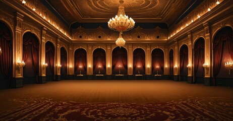 Palace Ballroom Theatre Hall. Abandoned amphitheater auditorium room. Royal dance hall in noble mansion interior.