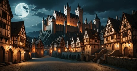 medieval gothic castle palace in city town at night under clouds and moon. fantasy old ancient cityscape.	