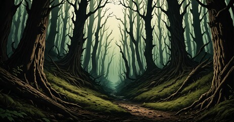 dark forest with dead trees at night under scary sky and moon. horror woods in fog. background wallpaper banner.