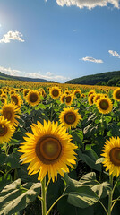 Sunflower field in full bloom, with vibrant yellow flowers and a clear blue sky background