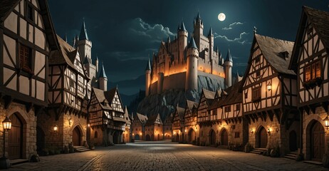 Naklejka premium medieval gothic castle palace in city town at night under clouds and moon. fantasy old ancient cityscape. 