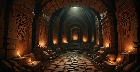 Obraz premium underground catacombs medieval fantasy dark tomb with walkways skulls and torches. horror building interior. lair of the dead and damned.