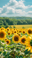 Beautiful sunflower field in full bloom, vibrant yellow petals under a clear blue sky