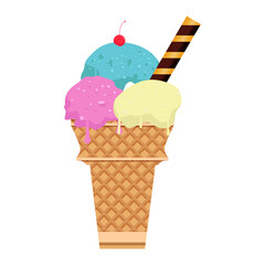 ice cream three flavor on the top of waffle cone with cherry as topping and chocolatte waffle stick astor