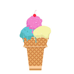 ice cream three flavor on the top of waffle cone with cherry as topping