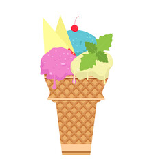  ice cream three flavor on the top of waffle cone with cherry as topping and delicious slices sweet apple and mint leaves