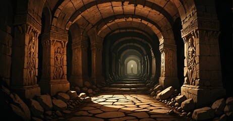 Obraz premium underground catacombs medieval fantasy dark tomb with walkways skulls and torches. horror building interior. lair of the dead and damned.