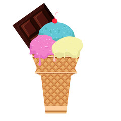  ice cream three flavor on the top of waffle cone with cherry as topping and delicious chocolatte bar