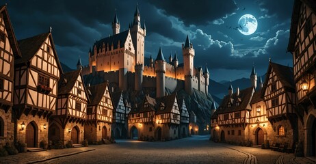 Obraz premium medieval gothic castle palace in city town at night under clouds and moon. old ancient cityscape.